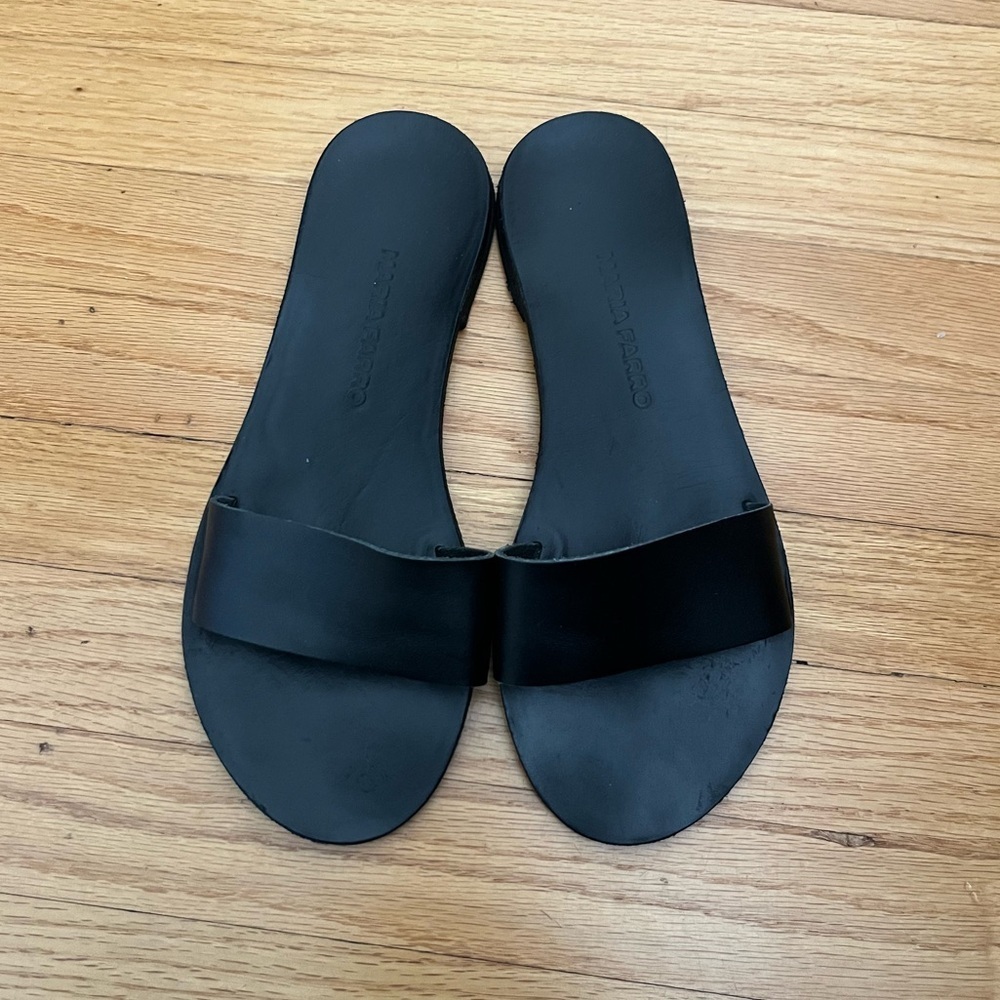 Maria Farro Black Leather Trine Slide Sandals
